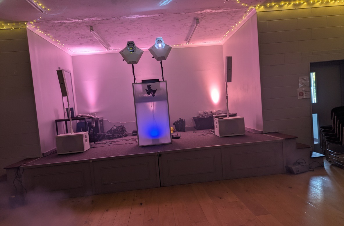 FUNstoppable Mobile Disco full setup with smoke and purple lighting